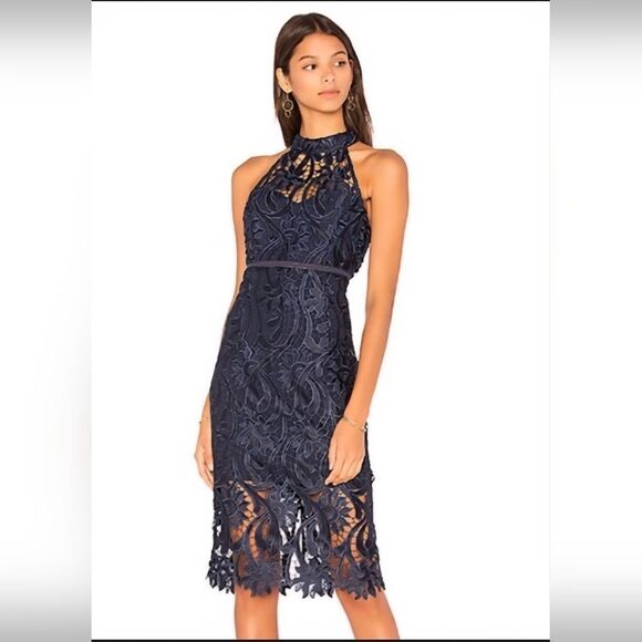 Bardot Dresses & Skirts - NWOT Indigo Blue High Neck Sleeveless Lace Dress